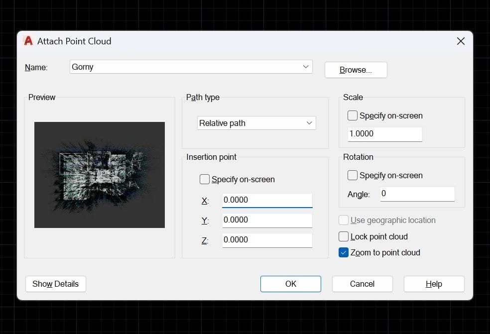 Point Cloud Attach Ribbon in AutoCAD